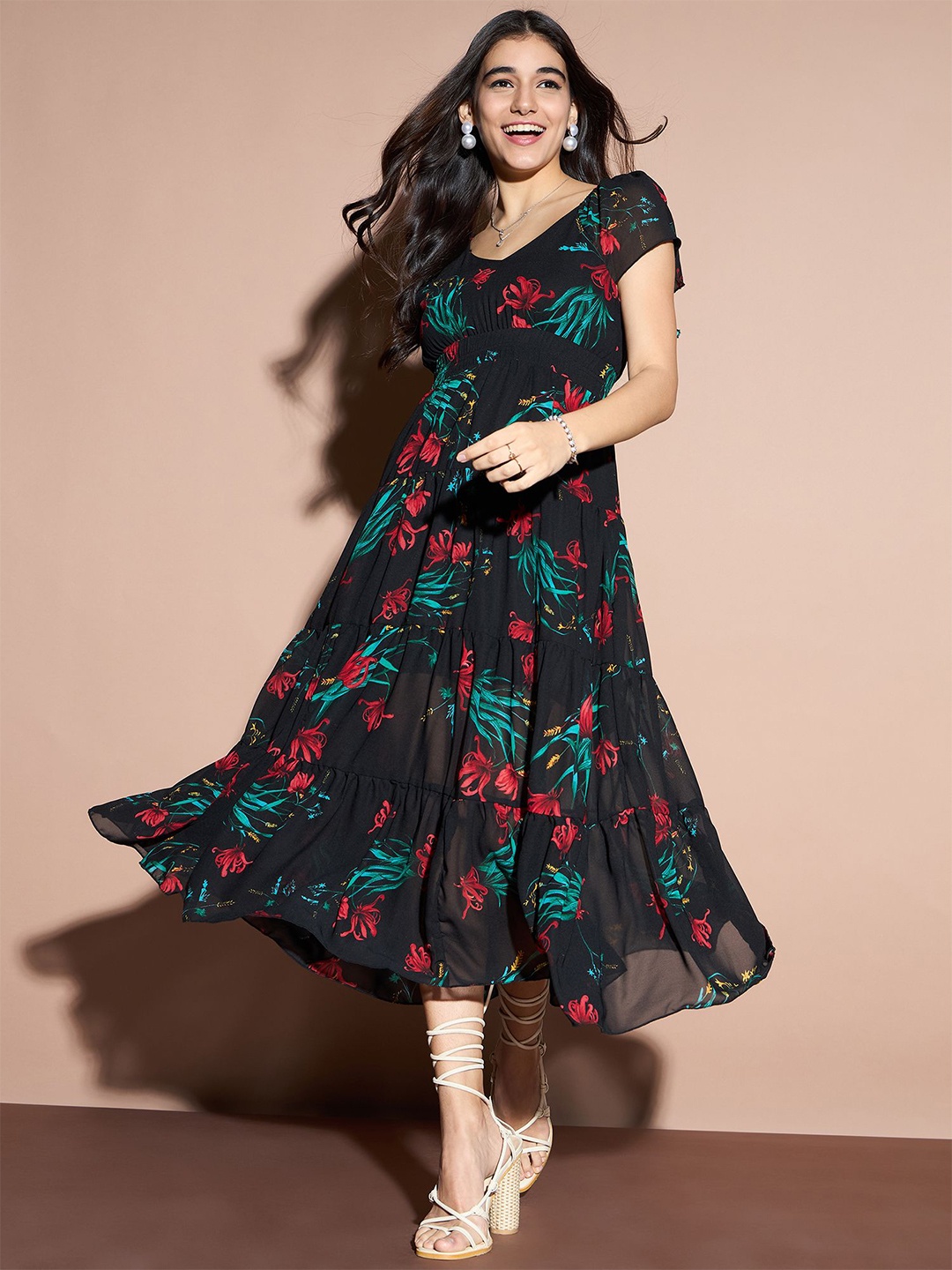 

DressBerry Floral Print Georgette Fit & Flare Maxi Dress, Black