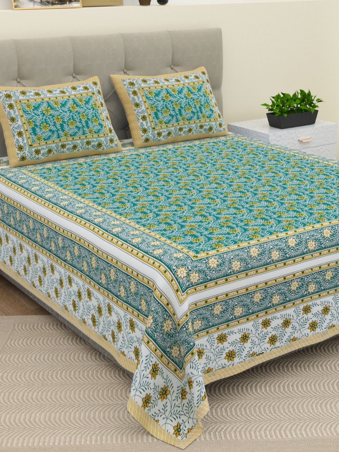 

The Craft Monk Green Floral Cotton 210 TC King Bedsheet with 2 Pillow Covers