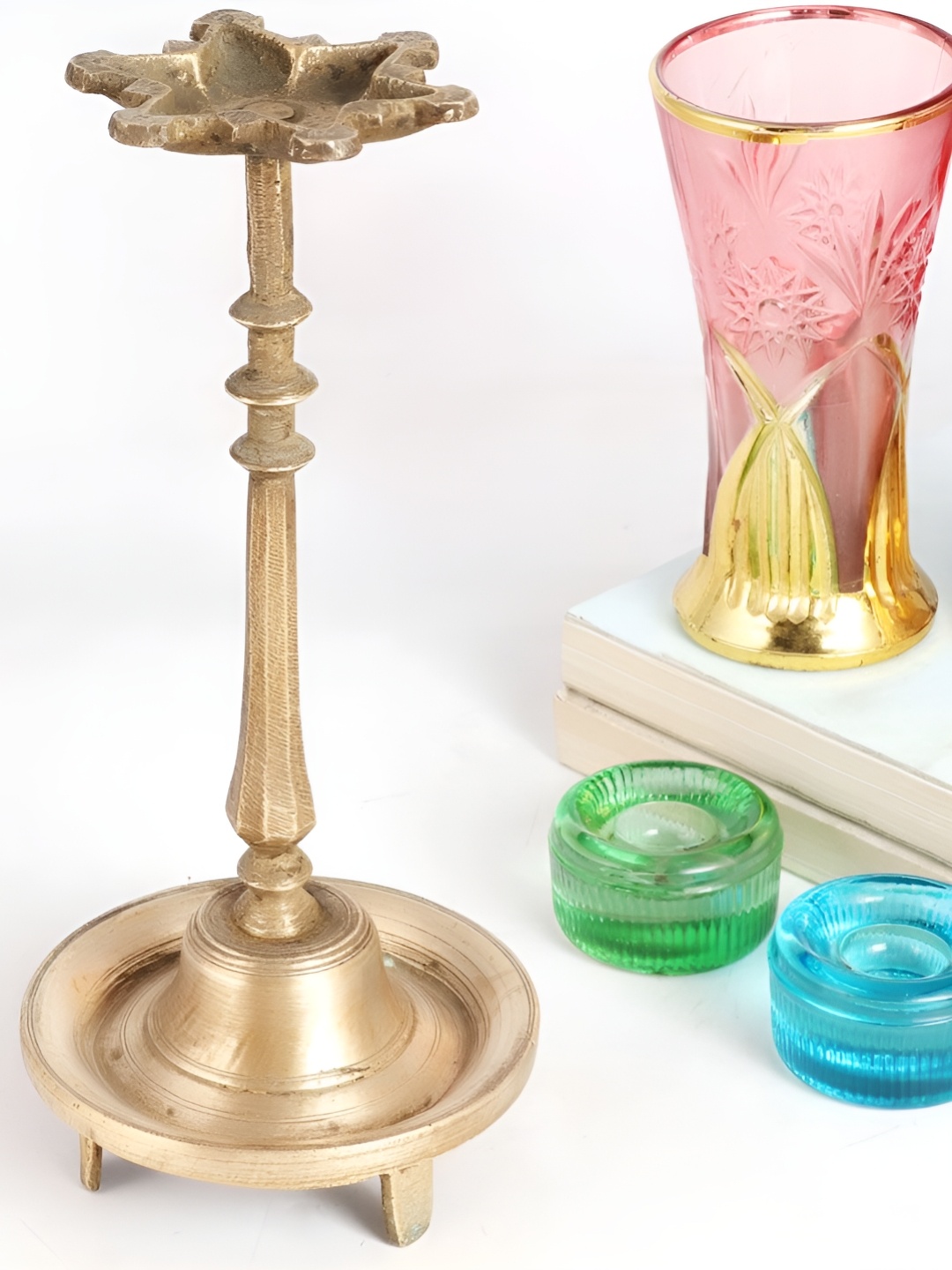 

Indianshelf GoldToned and Black Brass Textured Diwali Standing Oil Diya, Gold