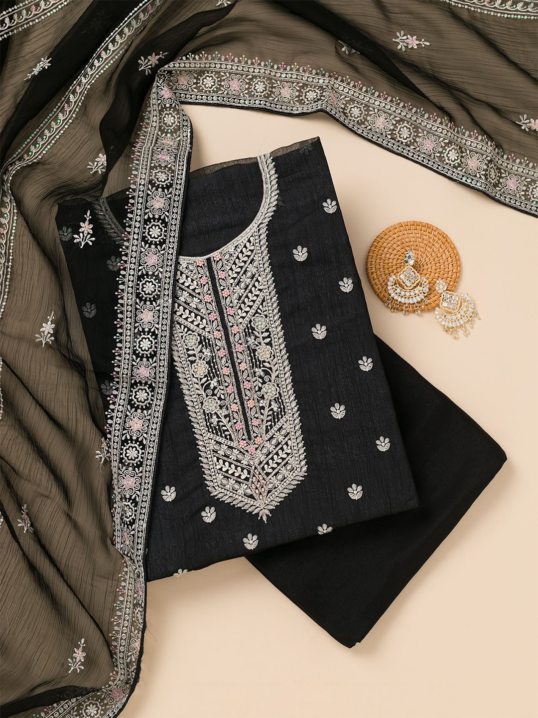 

Koskii Floral Embroidered Beads and Stones Unstitched Dress Material, Black