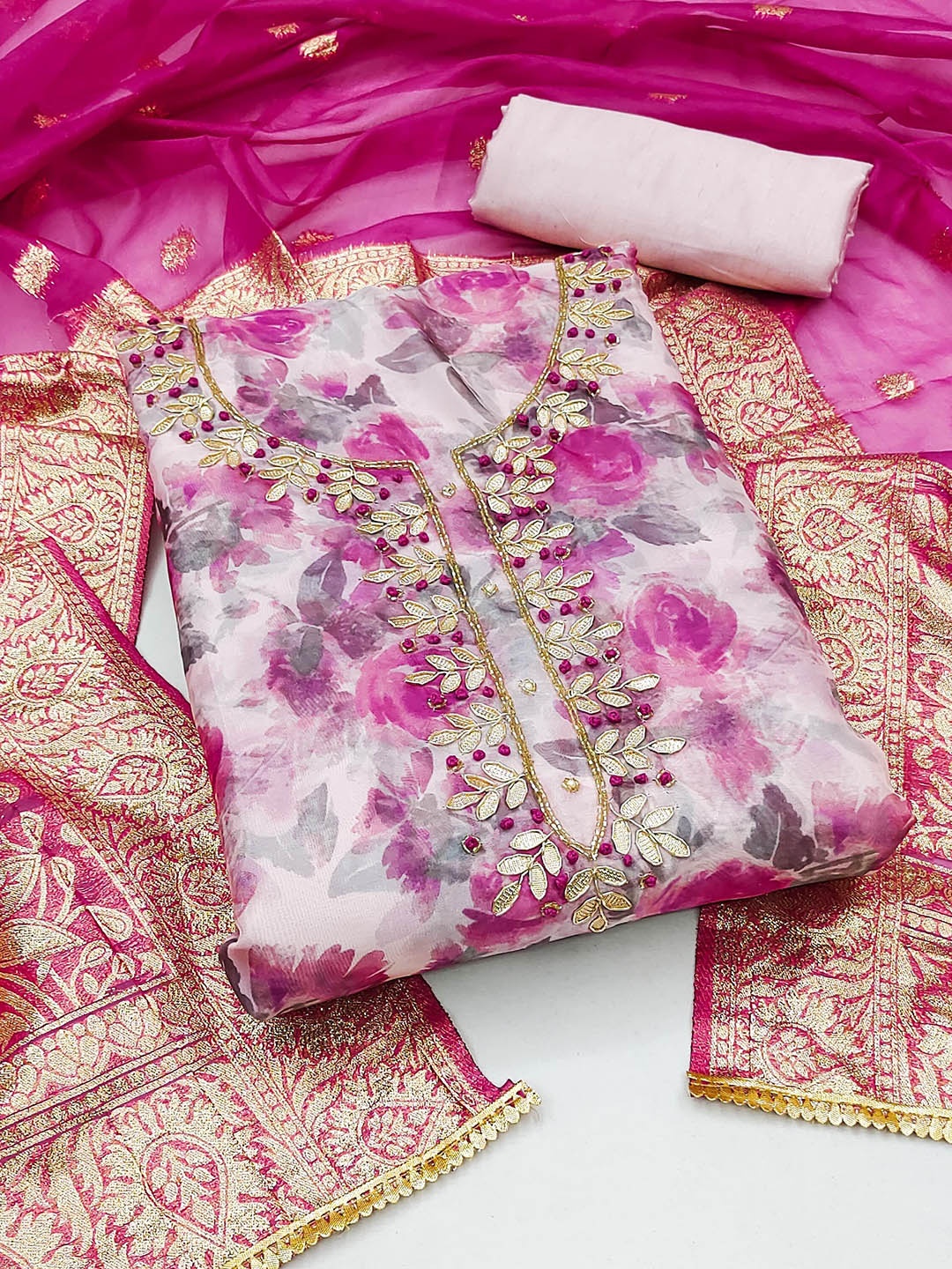 

Ishin Pink & Gold-Toned Floral Printed Organza Unstitched Dress Material