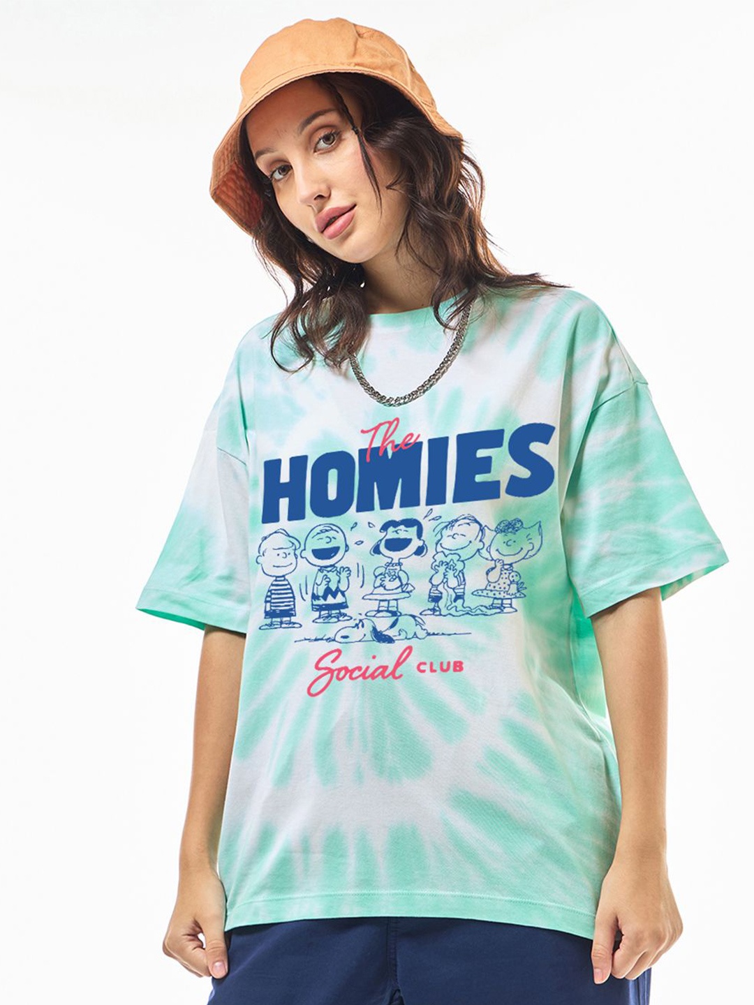 

Bewakoof Women Graphic Printed Round Neck Cotton Oversized T-shirt, Green