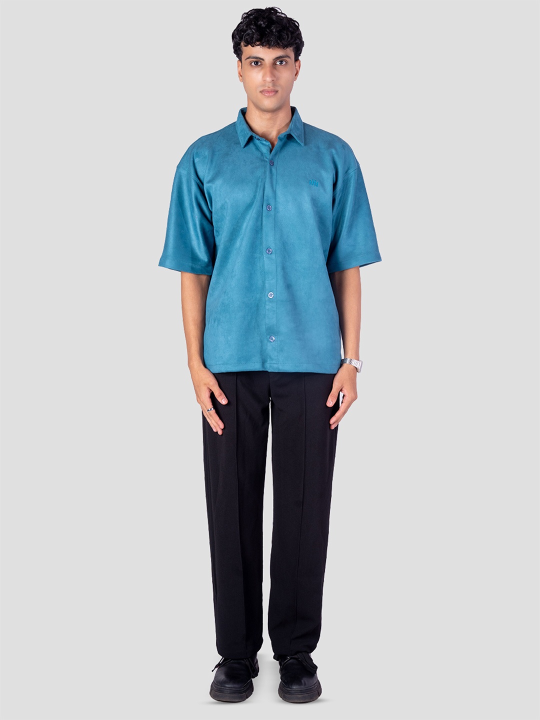 

HOP HEAD Unisex Spread Collar Solid Suede Relaxed Fit Casual Shirt, Turquoise blue
