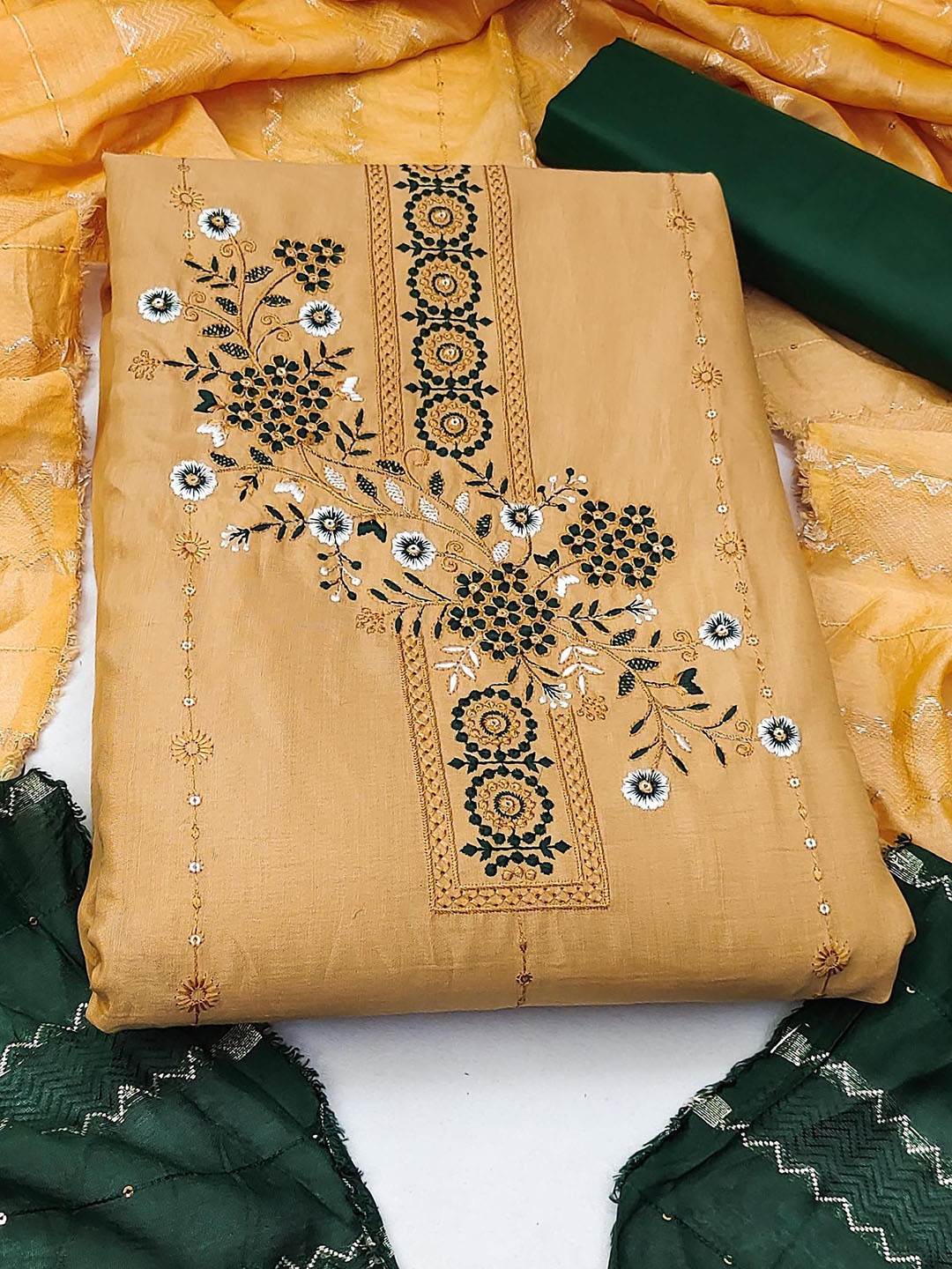 

Ishin Floral Embroidered Zari Unstitched Dress Material, Yellow