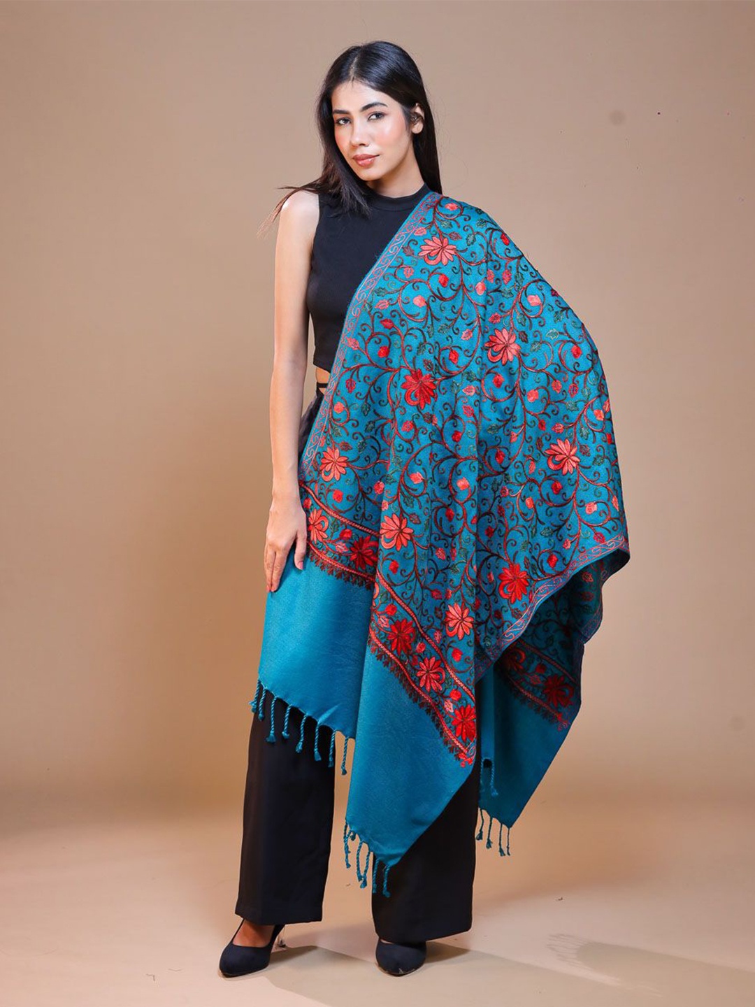 

SWI Stylish Women Ethnic Motifs Embroidered Woolen Stole, Turquoise blue