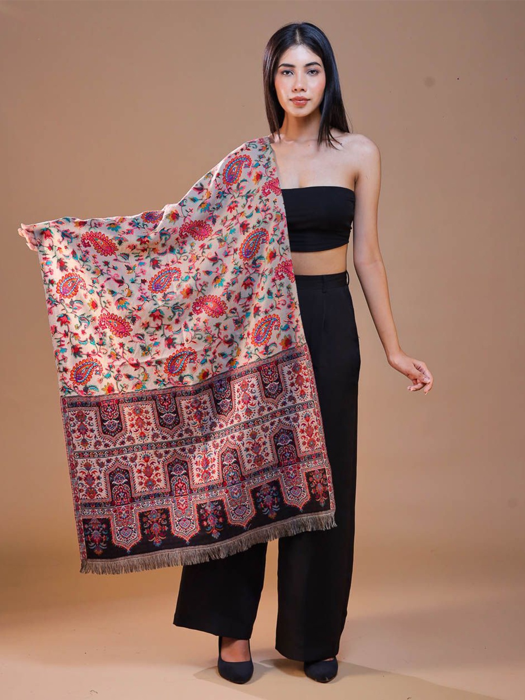 

SWI Stylish Women Aari Embroidery Wool Stole, Beige