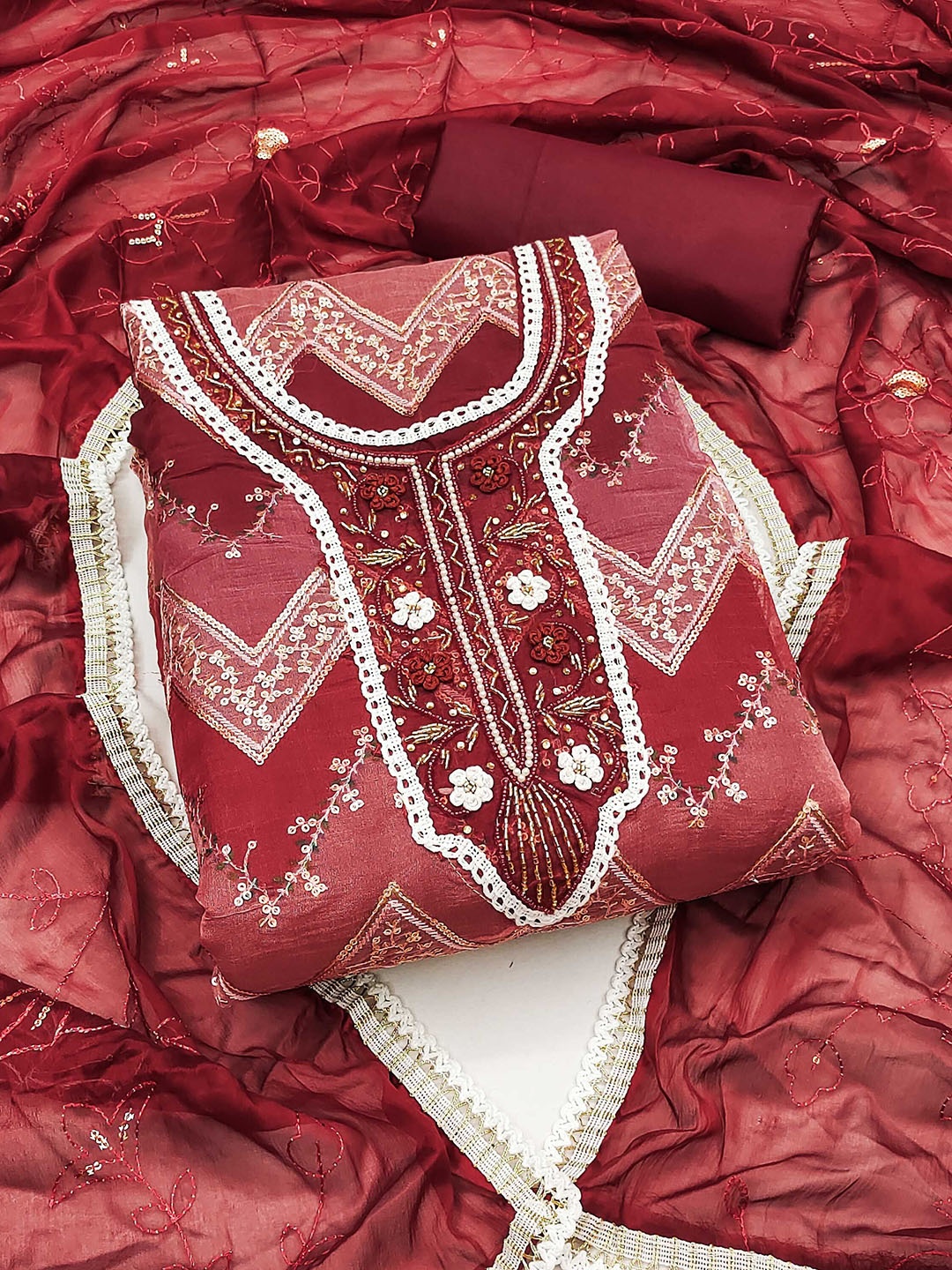 

Ishin Red & White Chevron Embroidered Sequinned Organza Unstitched Dress Material