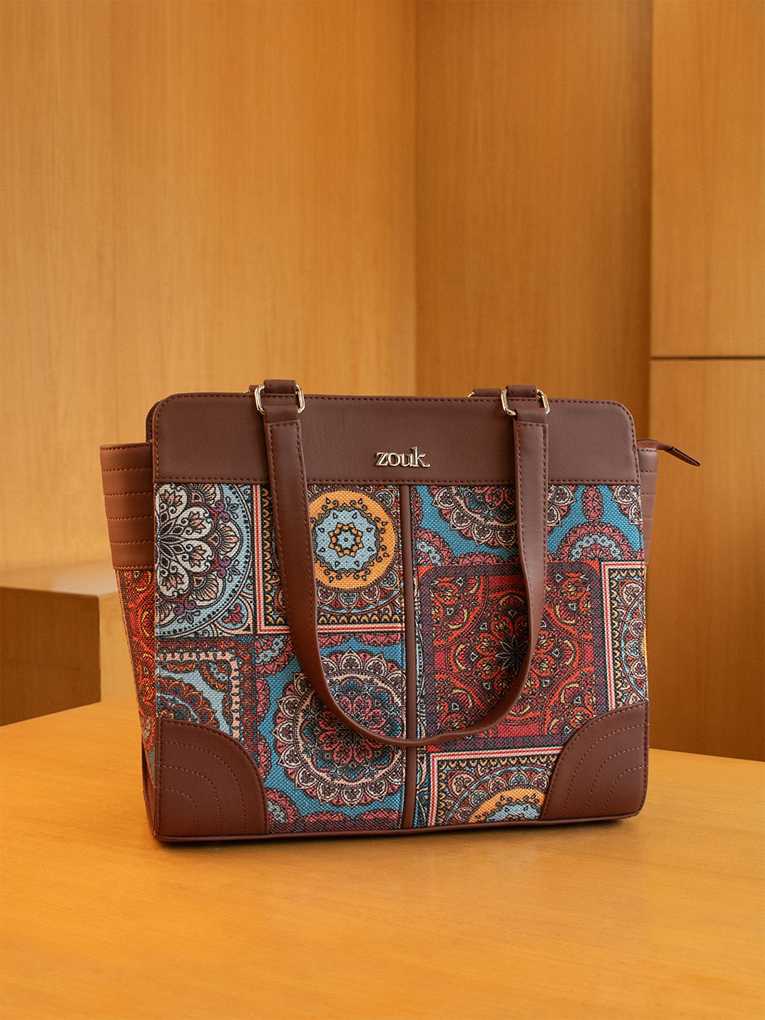 

ZOUK Women Printed Structured Tote Bag, Brown
