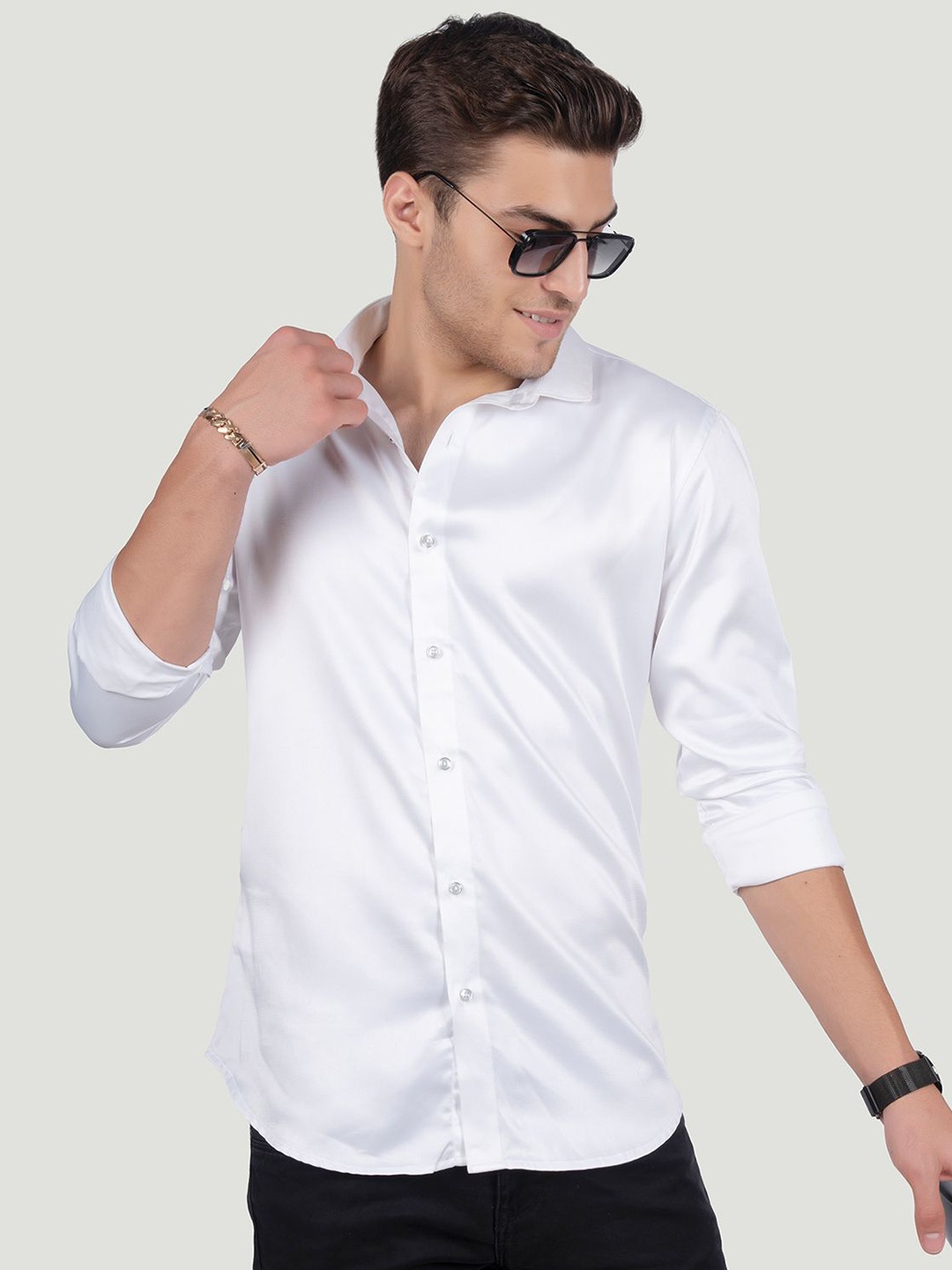 

ALMATY Men Comfort Spread Collar Solid Cotton Slim Fit Party Shirt, White