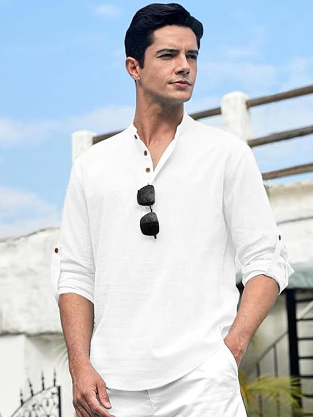 

Vida Loca Band Collar Roll-Up Sleeves Pure Cotton Short Kurta, White