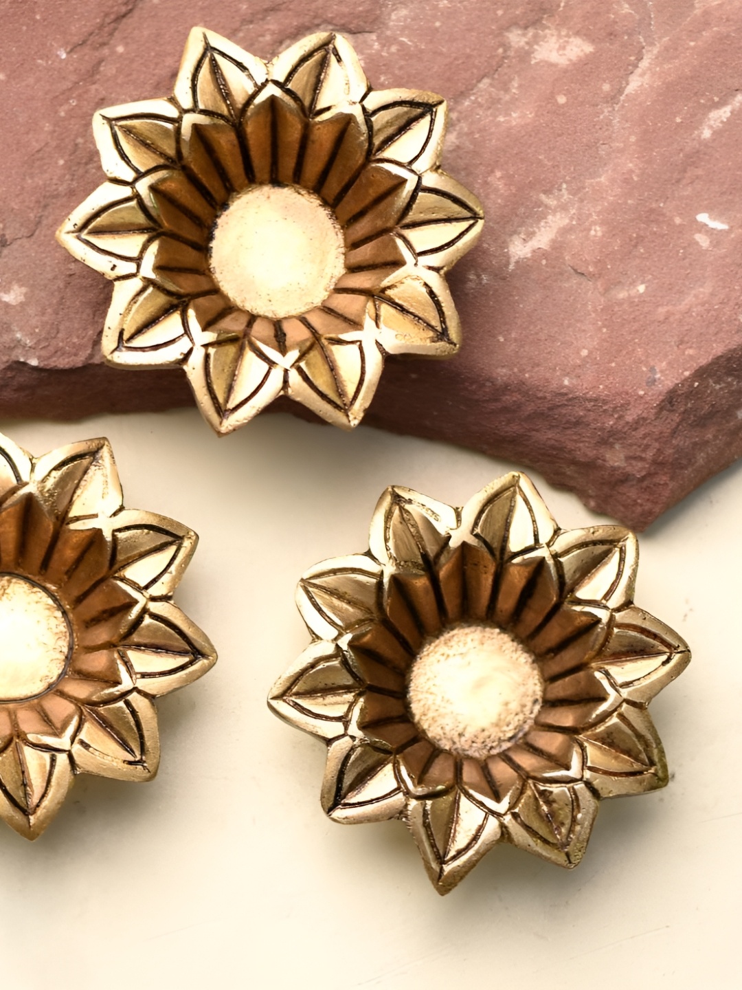 

Indianshelf Gold-Toned 3 Pieces Floral Brass Diya Pooja Essentials