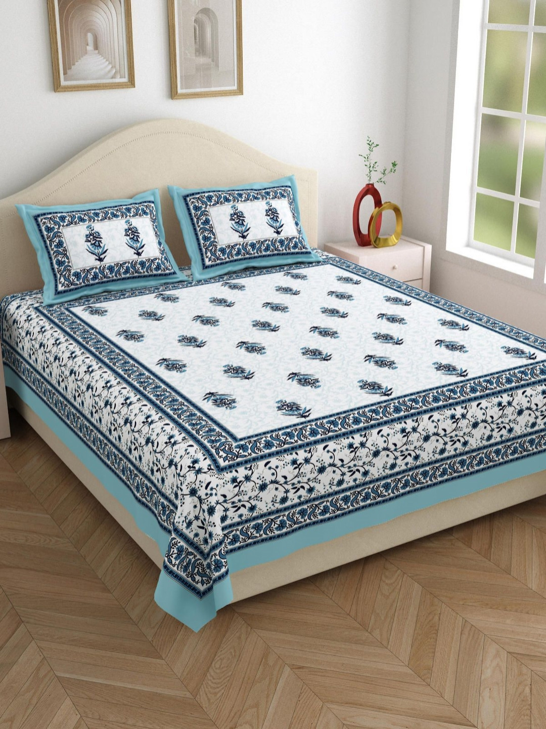 

Salona Bichona Blue Floral Printed 120 TC Pure Cotton Queen Bedsheet With 2 Pillow Covers