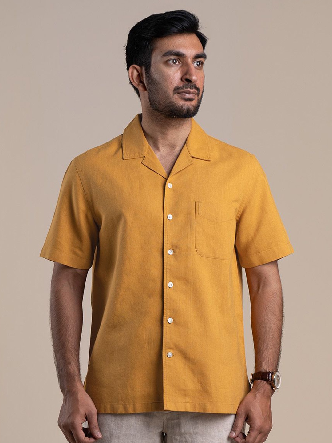 

Monks of Method Men Classic Cuban Collar Solid Slim Fit Casual Shirt, Mustard