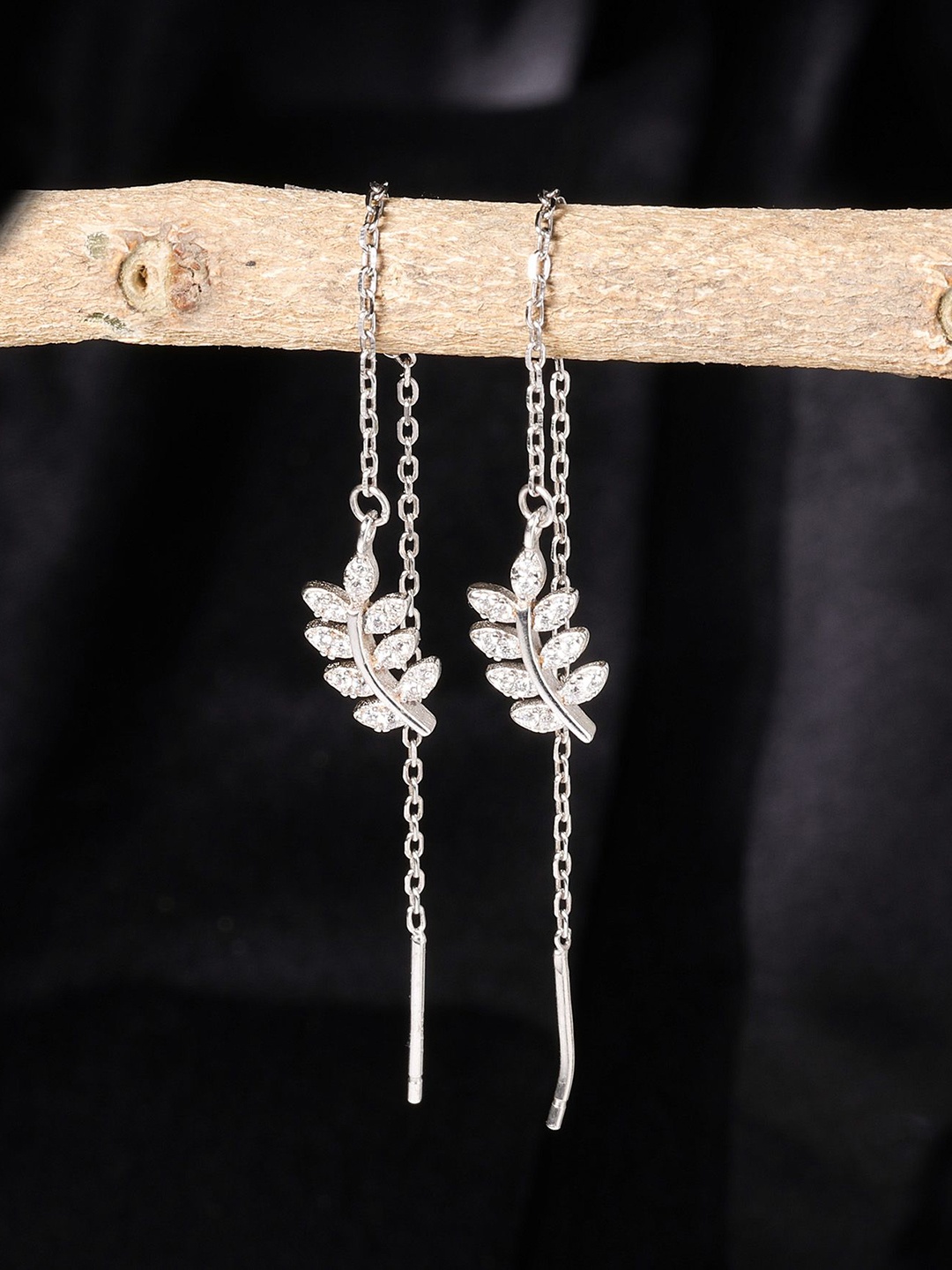 

DEESSA 925 Sterling Silver Rhodium-Plated Leaves threader Drop Earrings