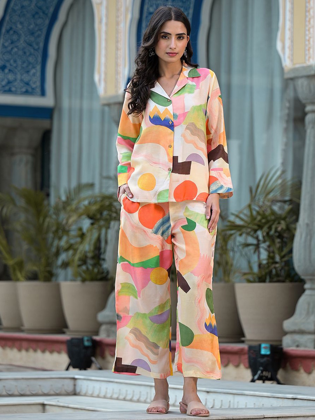

Chandbaali Abstract Printed Long Sleeves Shirt With Trousers, Pink