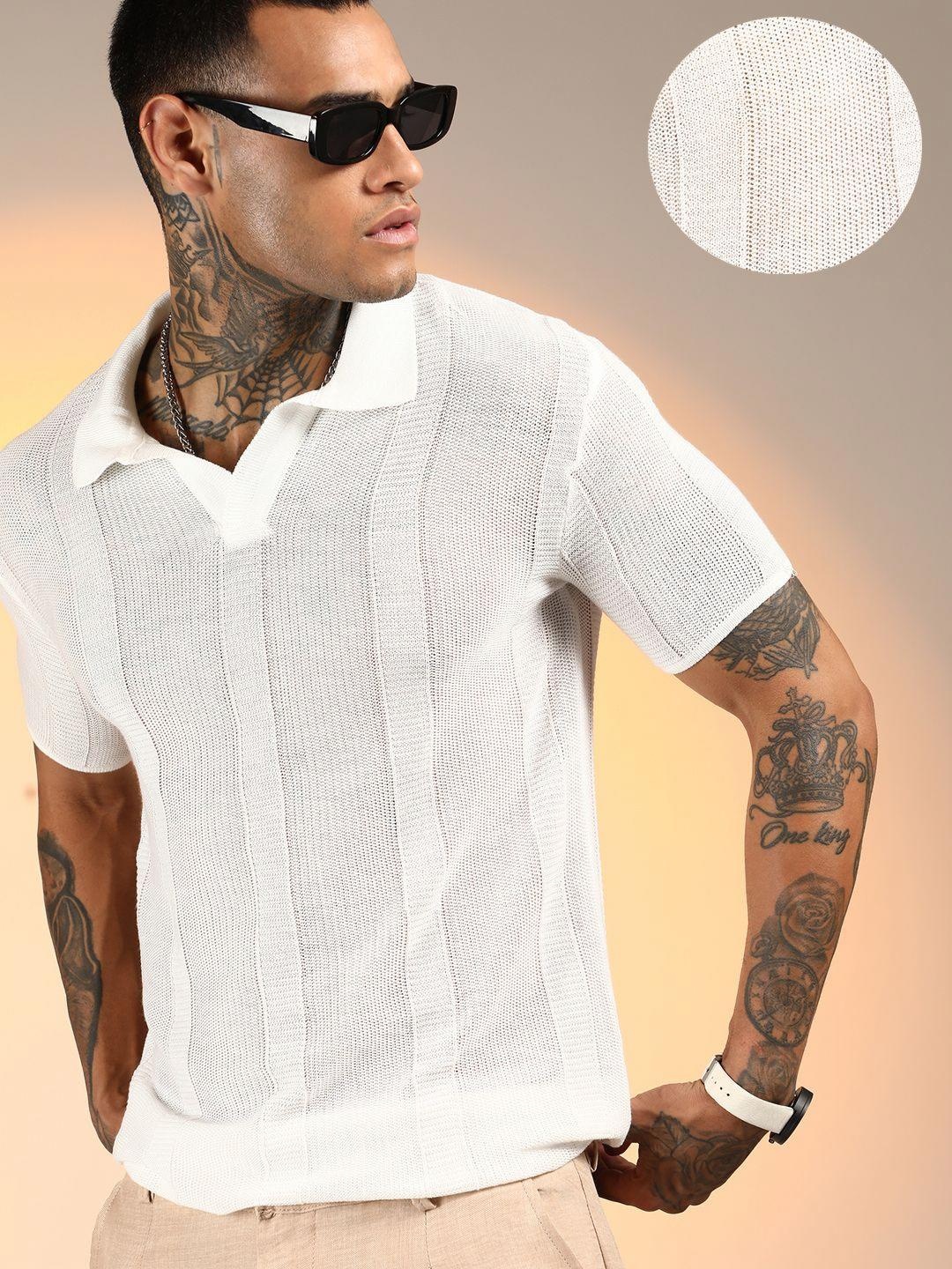 

Campus Sutra Men Self Design Polo Collar Cotton T-shirt, White