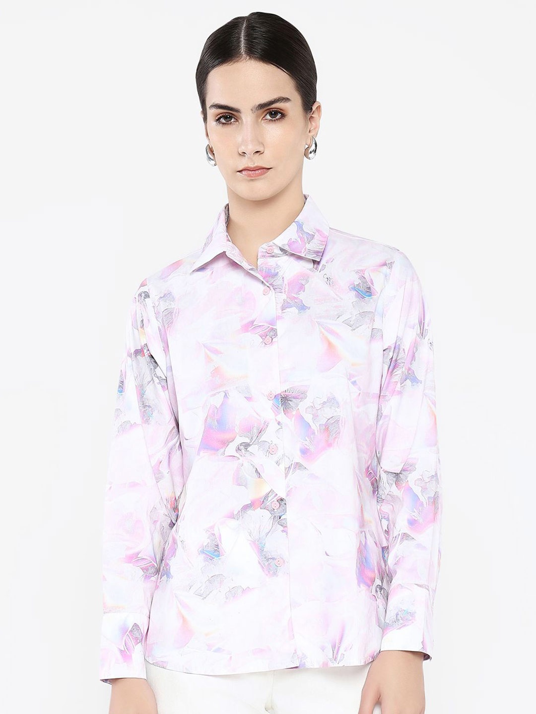 

RAREISM Women Floral Printed Shirt Collar Cotton Top, Lavender