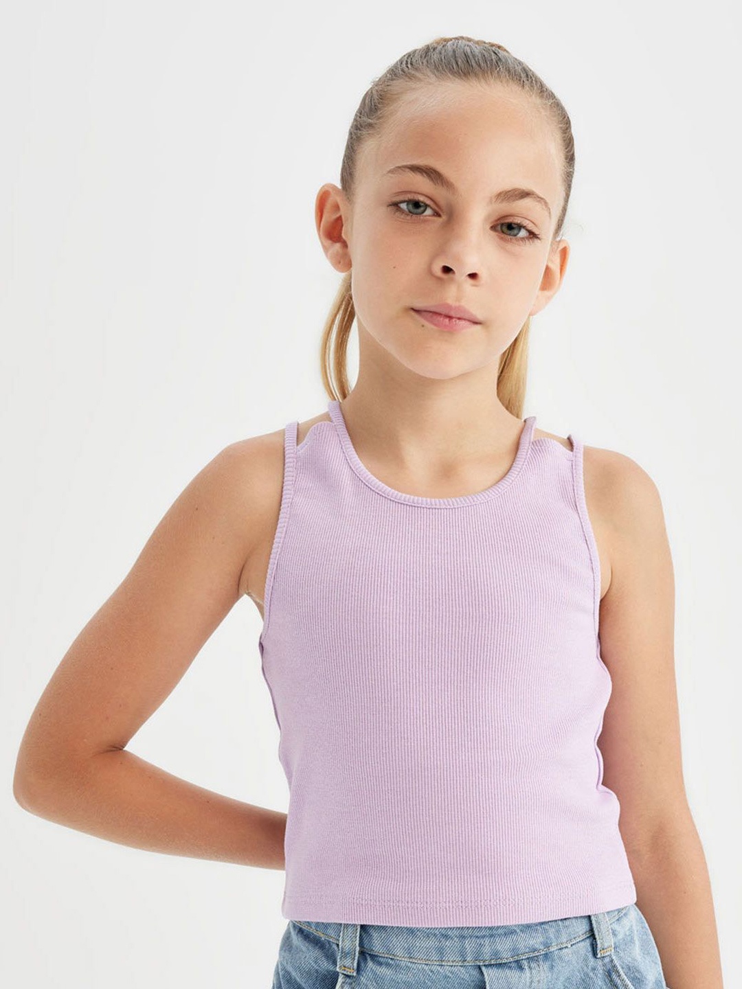 

DeFacto Girls Solid Round Neck Cotton Top, Lavender