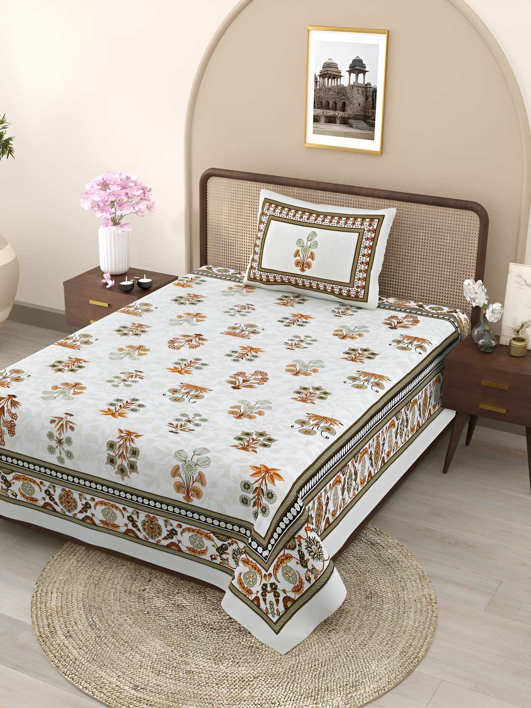 

Jinaya's Orange Colored Floral Printed Pure Cotton 300 TC Single Bedsheet &1 Pillow Cover