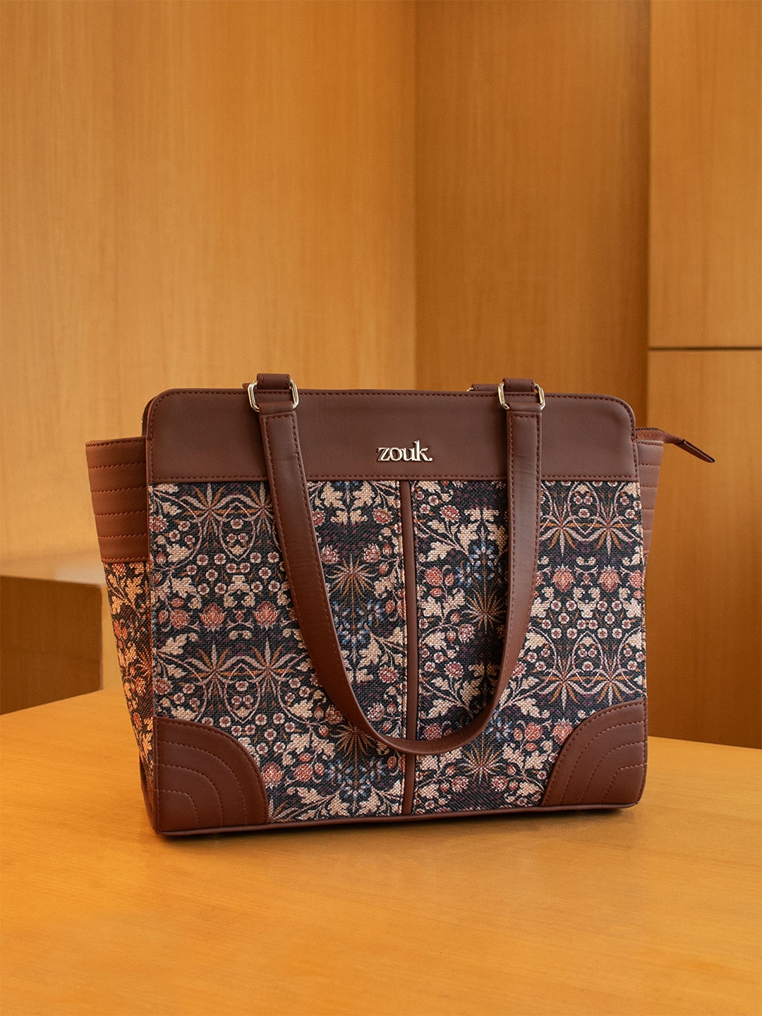 

ZOUK Floral Printed Structured Tote Bag, Brown