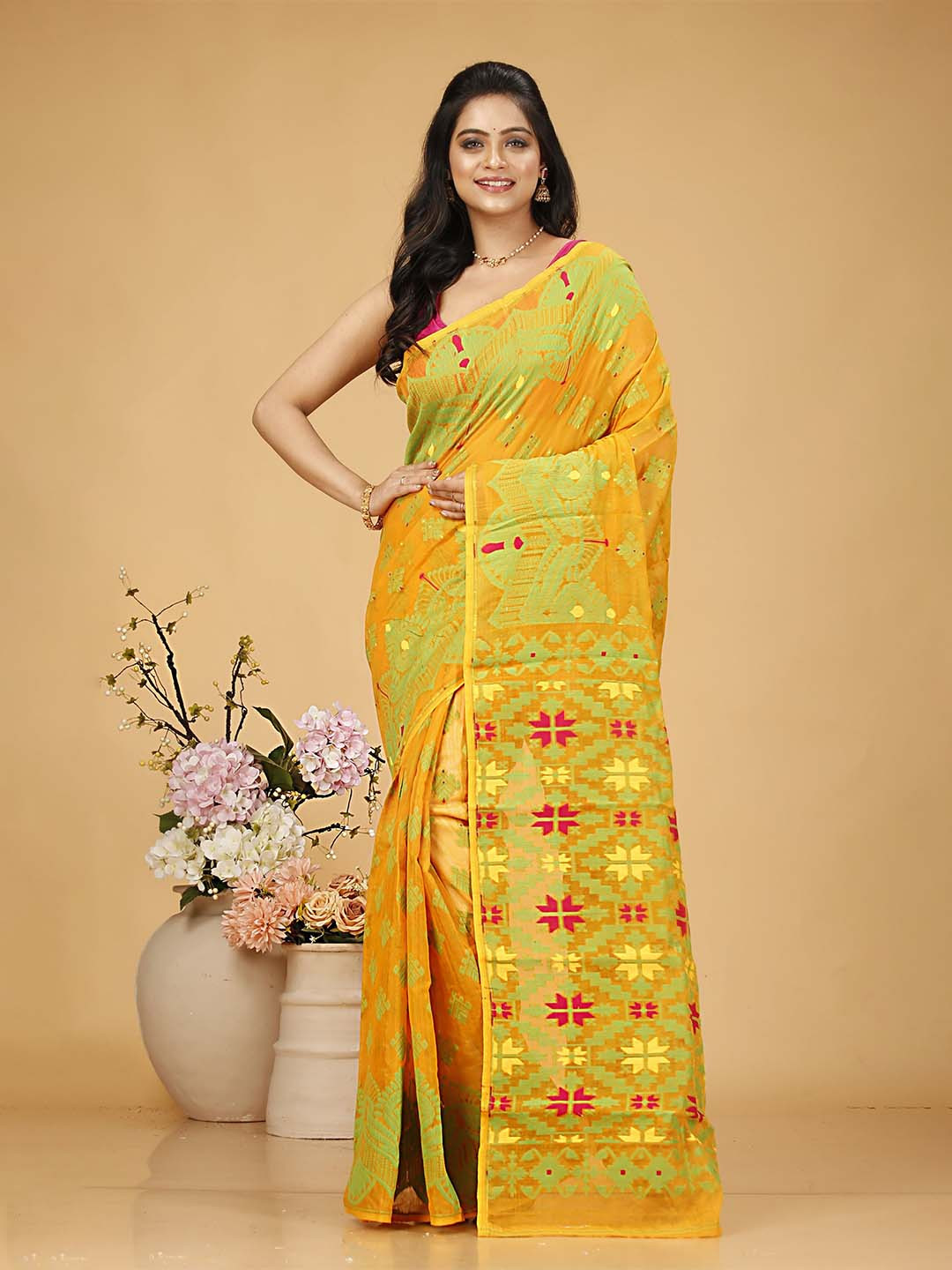 

SLAGHA Ethnic Motifs Woven Design Jamdani Saree, Yellow
