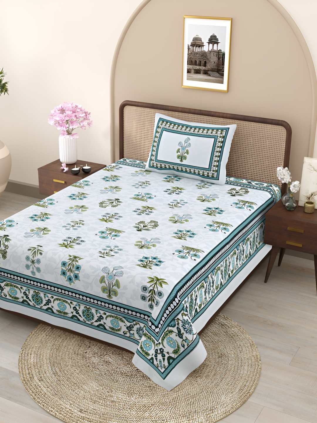 

Jinaya's Beige & Teal Floral Printed Pure Cotton 300 TC Single Bedsheet & 1 Pillow Cover