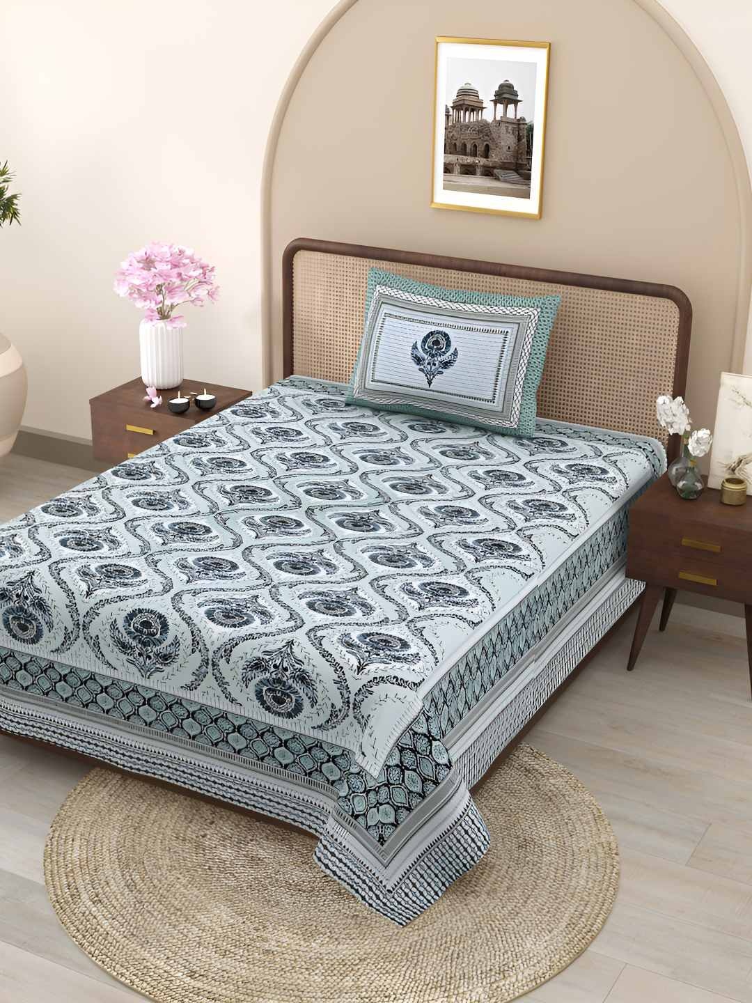

Jinaya's White & Blue Floral Printed Pure Cotton 300 TC Single Bedsheet & 1 Pillow Cover