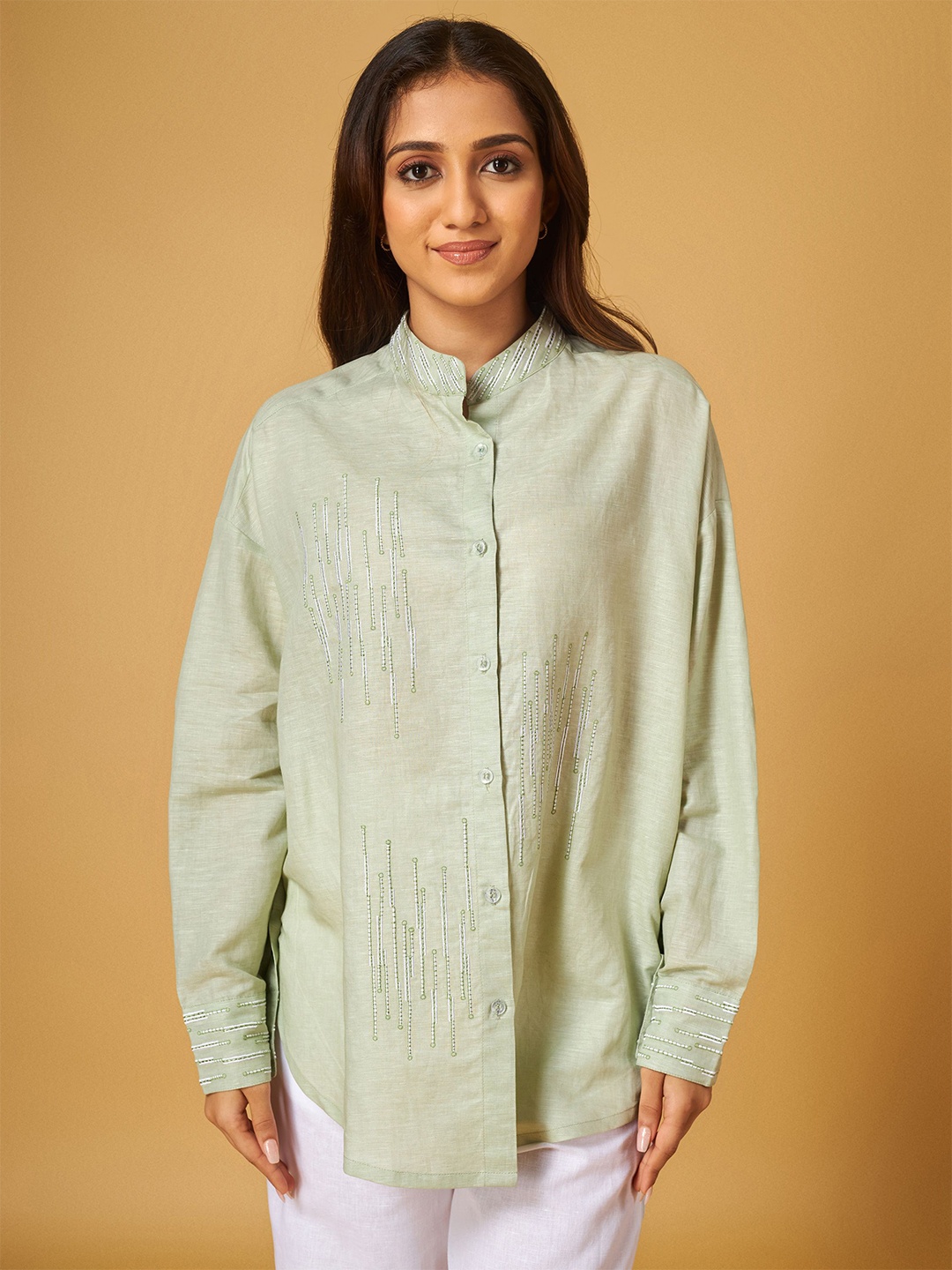 

Maisolos Women Mandarin Collar Solid Cotton Linen Relaxed Fit Casual Shirt, Green