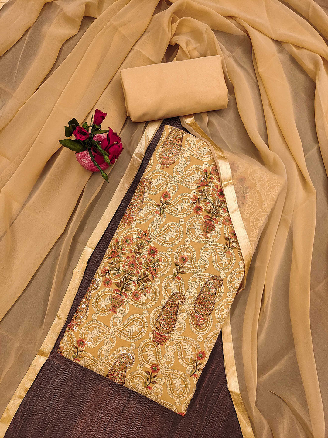 

Ishin Ethnic Motifs Embroidered Sequinned Silk Georgette Unstitched Dress Material, Beige