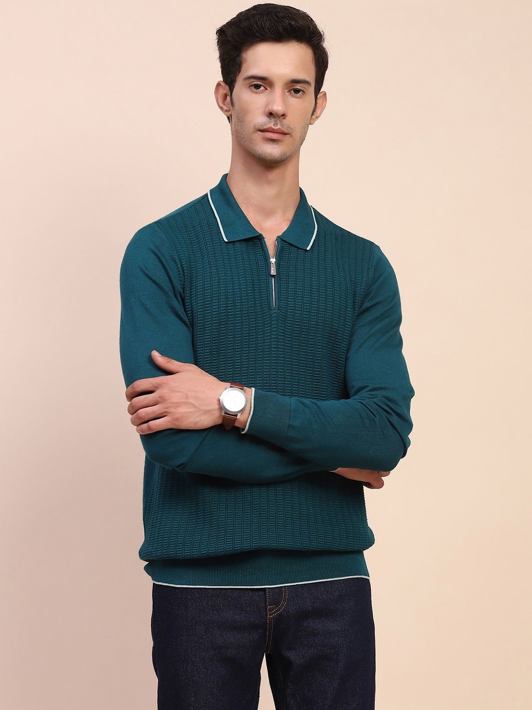 

CAMLA Men Self Design Polo Collar T-shirt, Teal