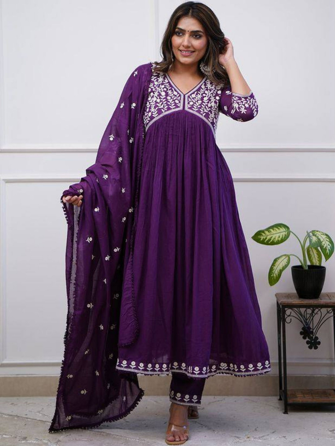 

NIZA FASHION Floral Yoke Design Empire Thread Work Anarkali Kurta with Trousers & Dupatta, Purple