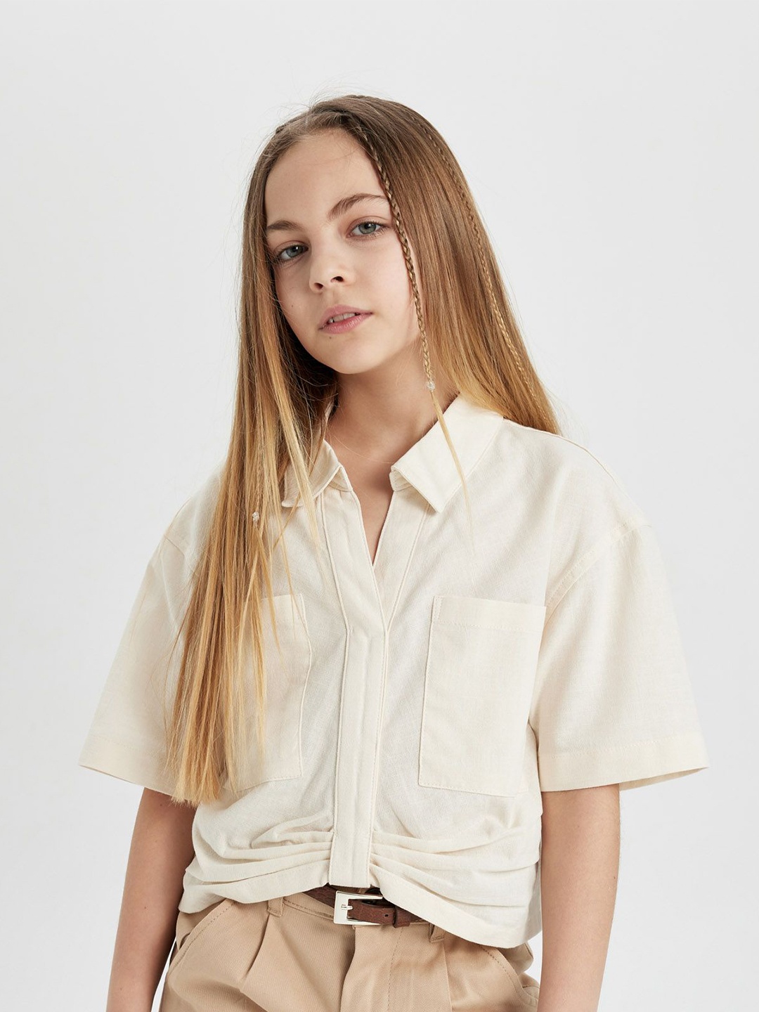 

DeFacto Girls Spread Collar Solid Cotton Casual Shirt, White