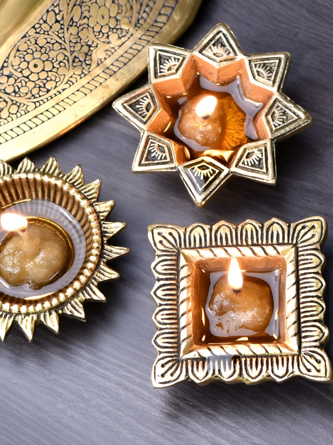 

Indianshelf Gold-Toned 4 Pieces Textured Brass Diwali Deepam Diya