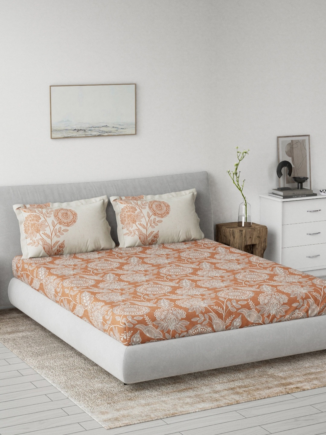 

DDecor Purple & Orange Floral Printed 145 TC Cotton Double King Fitted Bedsheet Set