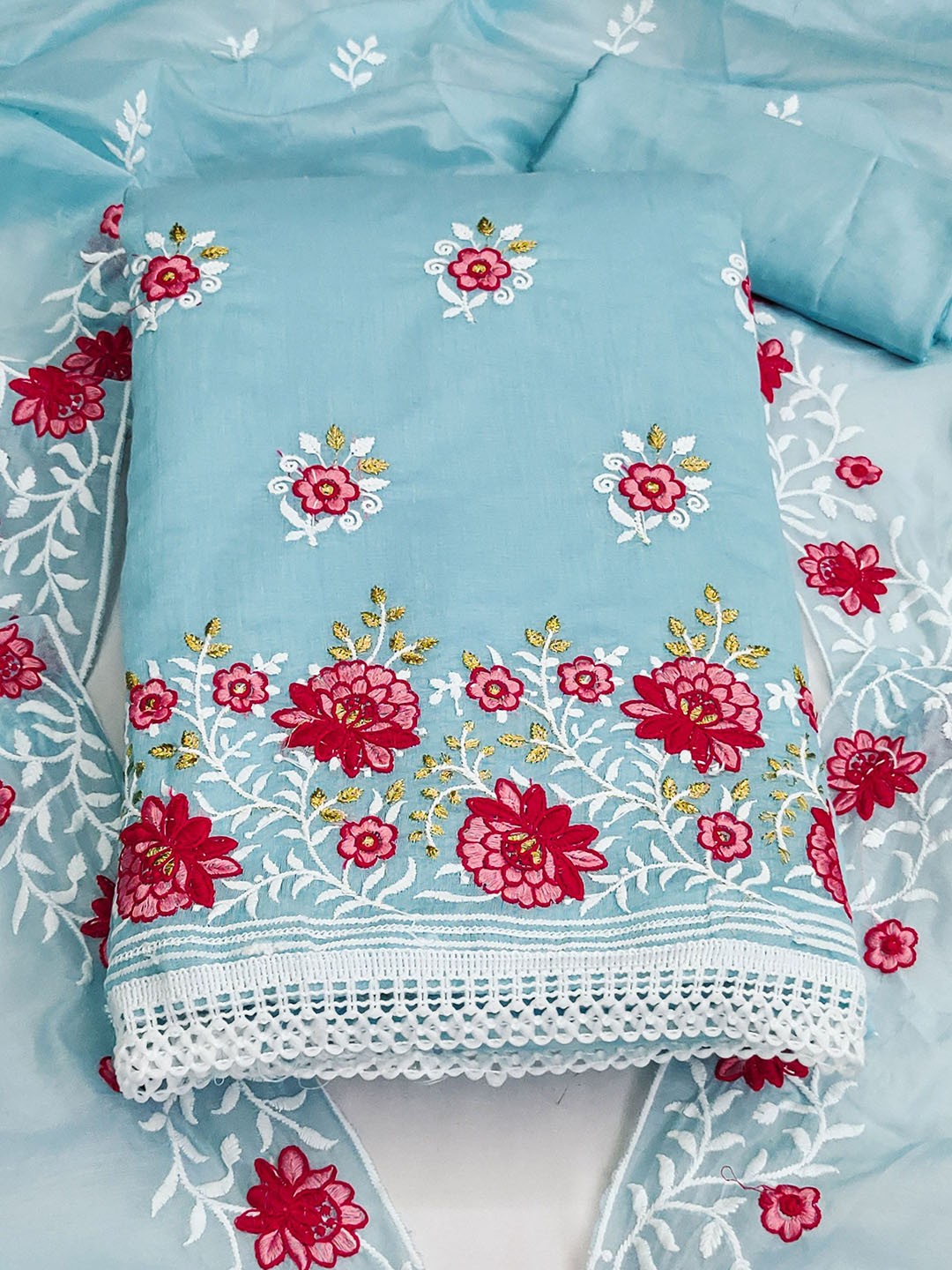 

Ishin Floral Embroidered Unstitched Dress Material, Blue