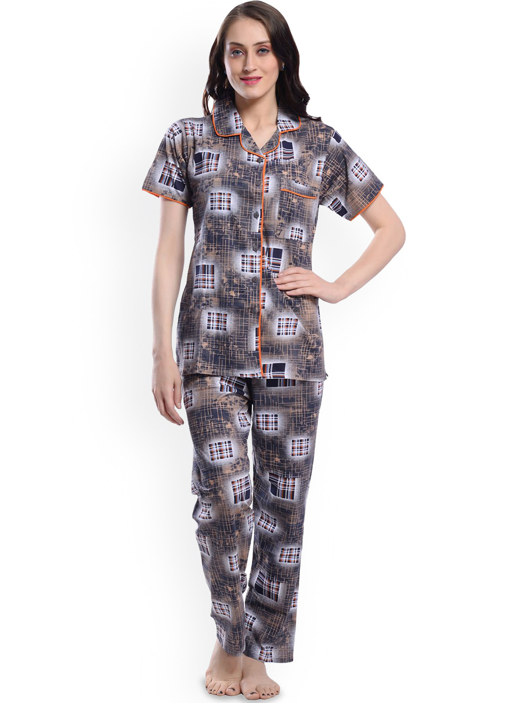 

SHYAM SONS FLAIR Women Graphic Printed Lapel Collar Night suit, Orange