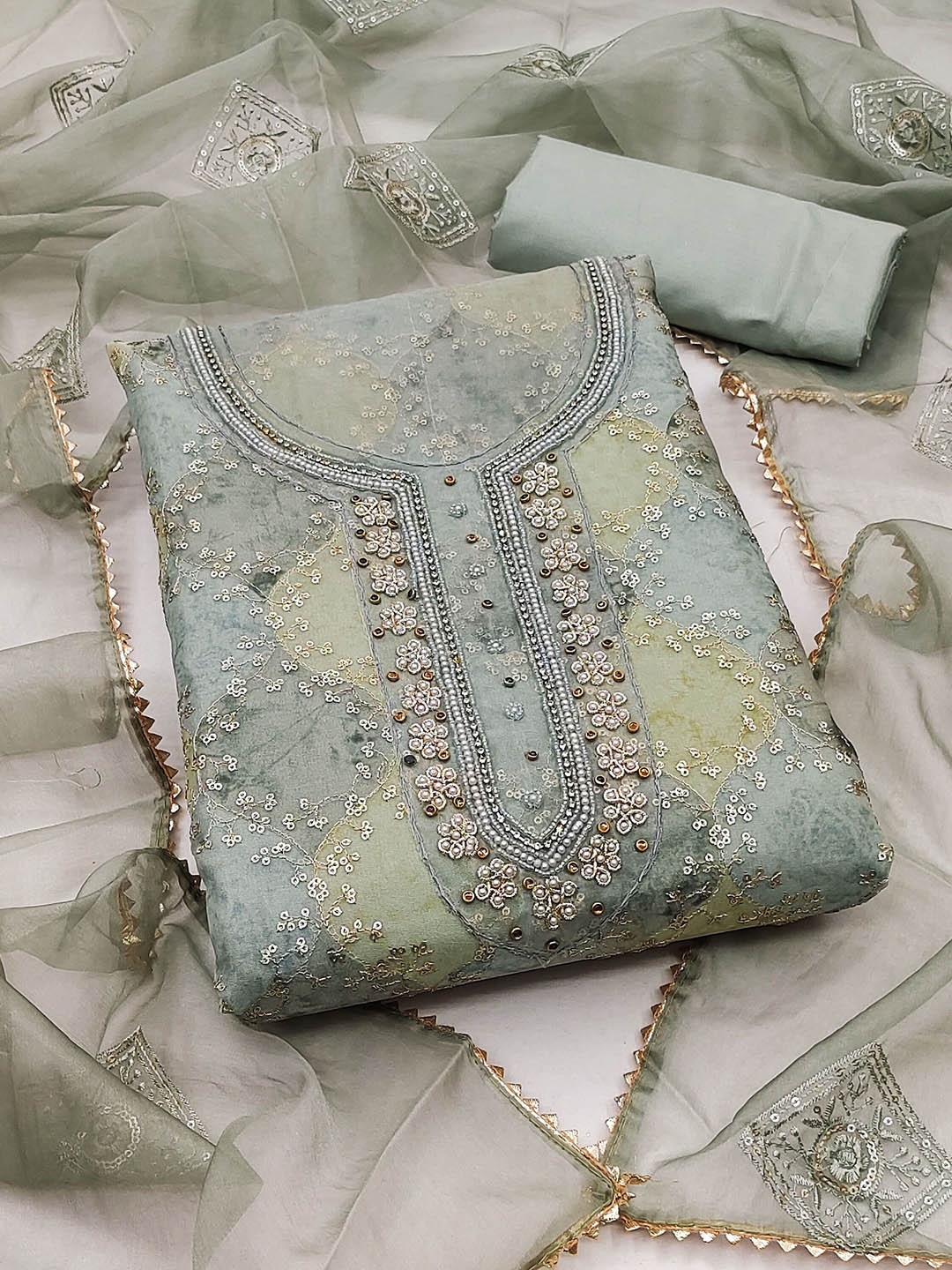 

Ishin Floral Embroidered Sequinned Organza Unstitched Dress Material, Grey