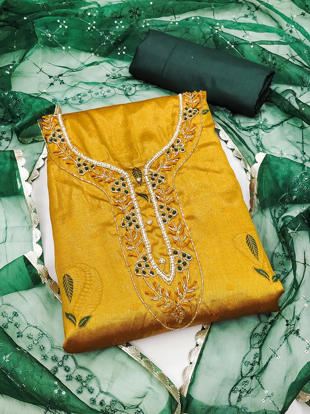 

Ishin Floral Embroidered Beads and Stones Detail Unstitched Dress Material, Yellow