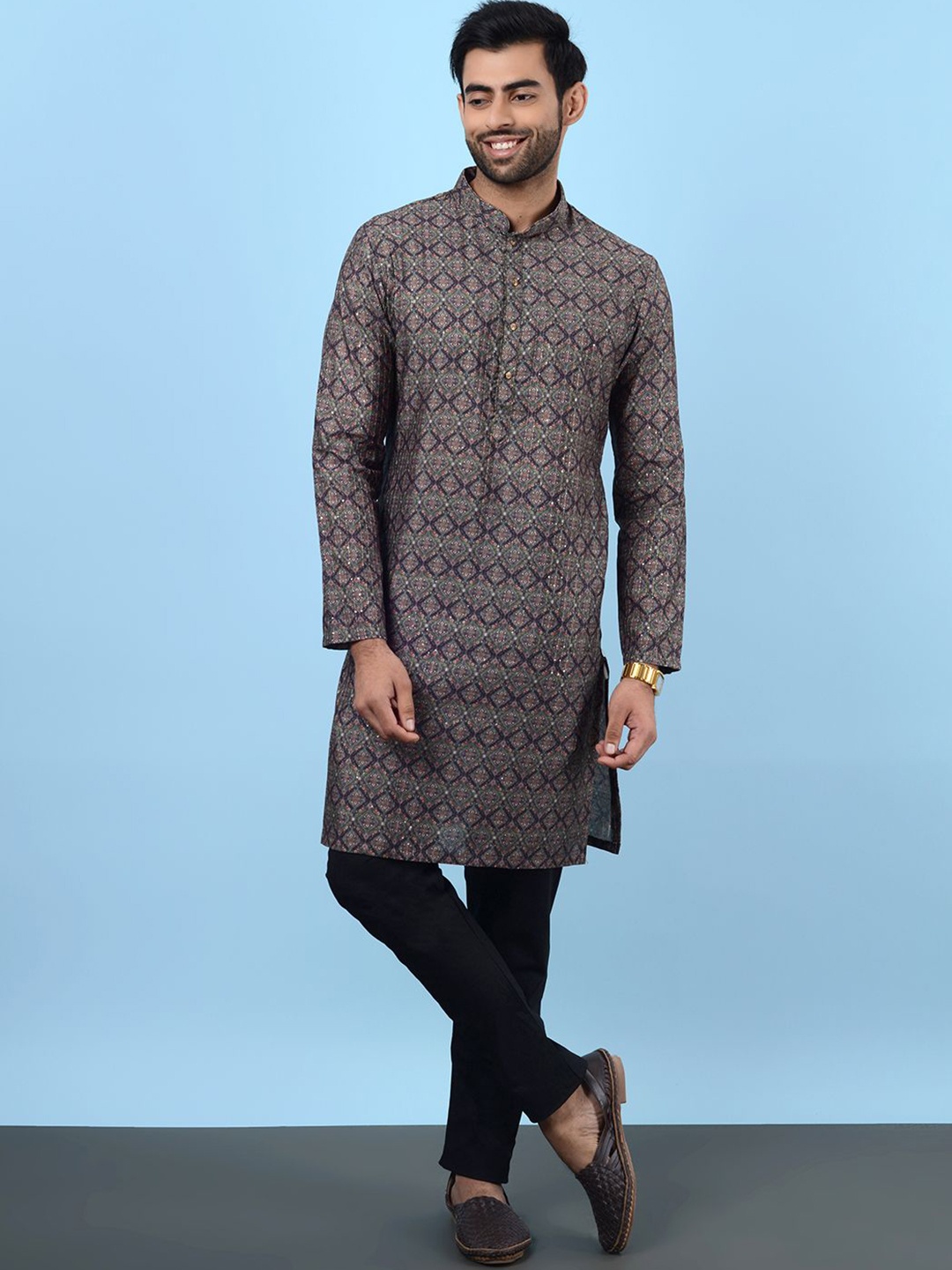 

azania Ethnic Motifs Printed Mandarin Collar Kurta With Trousers, Blue