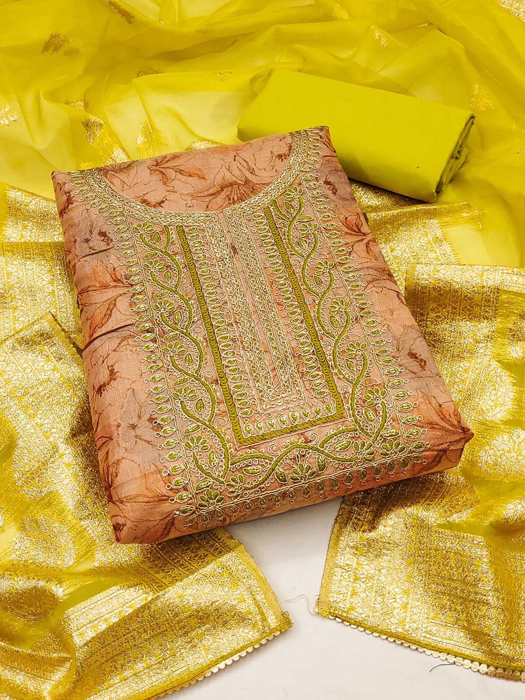 

Ishin Ethnic Motifs Embroidered Beads and Stones Unstitched Dress Material, Yellow