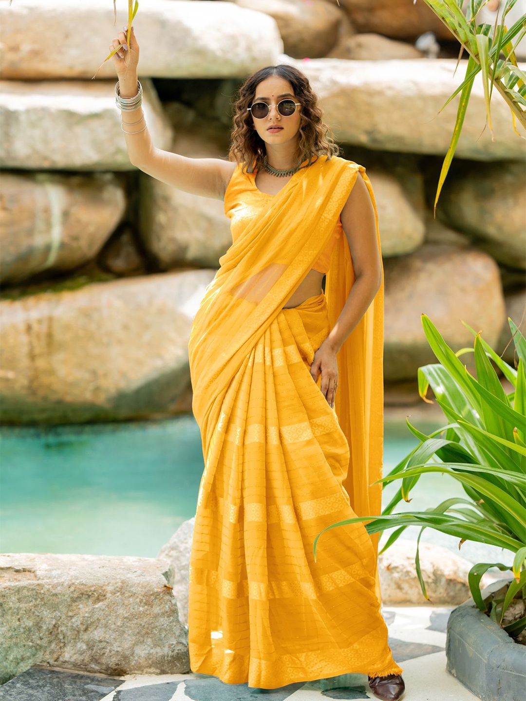 

MIRCHI FASHION Striped Embellished Saree, Yellow