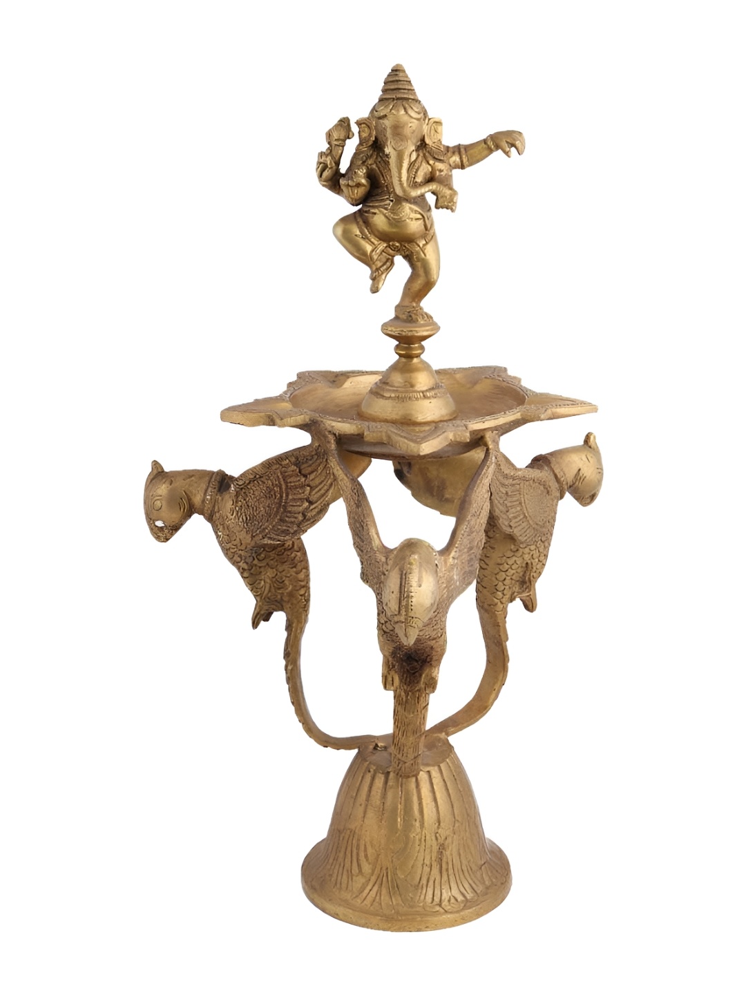 

Indianshelf Gold-Toned Textured Brass Dancing Ganesha With Peacock Oil Lamp Diya