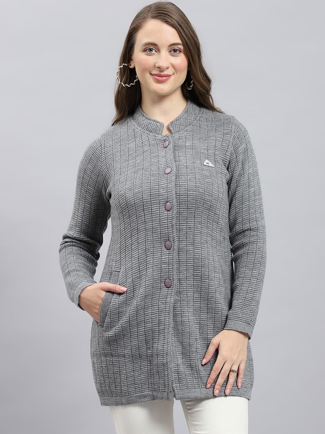 

Monte Carlo Women Full Sleeves Mandarin Collar Wool Self-Design Single-Breasted Overcoat, Grey