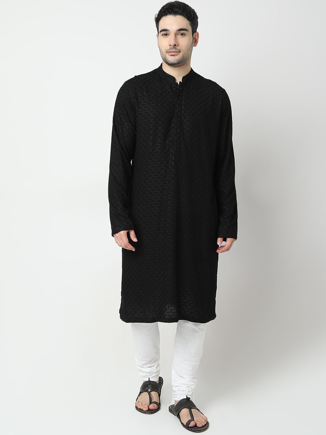 

Ethnicity Geometric Embroidered Mandarin Collar Straight Kurta, Black
