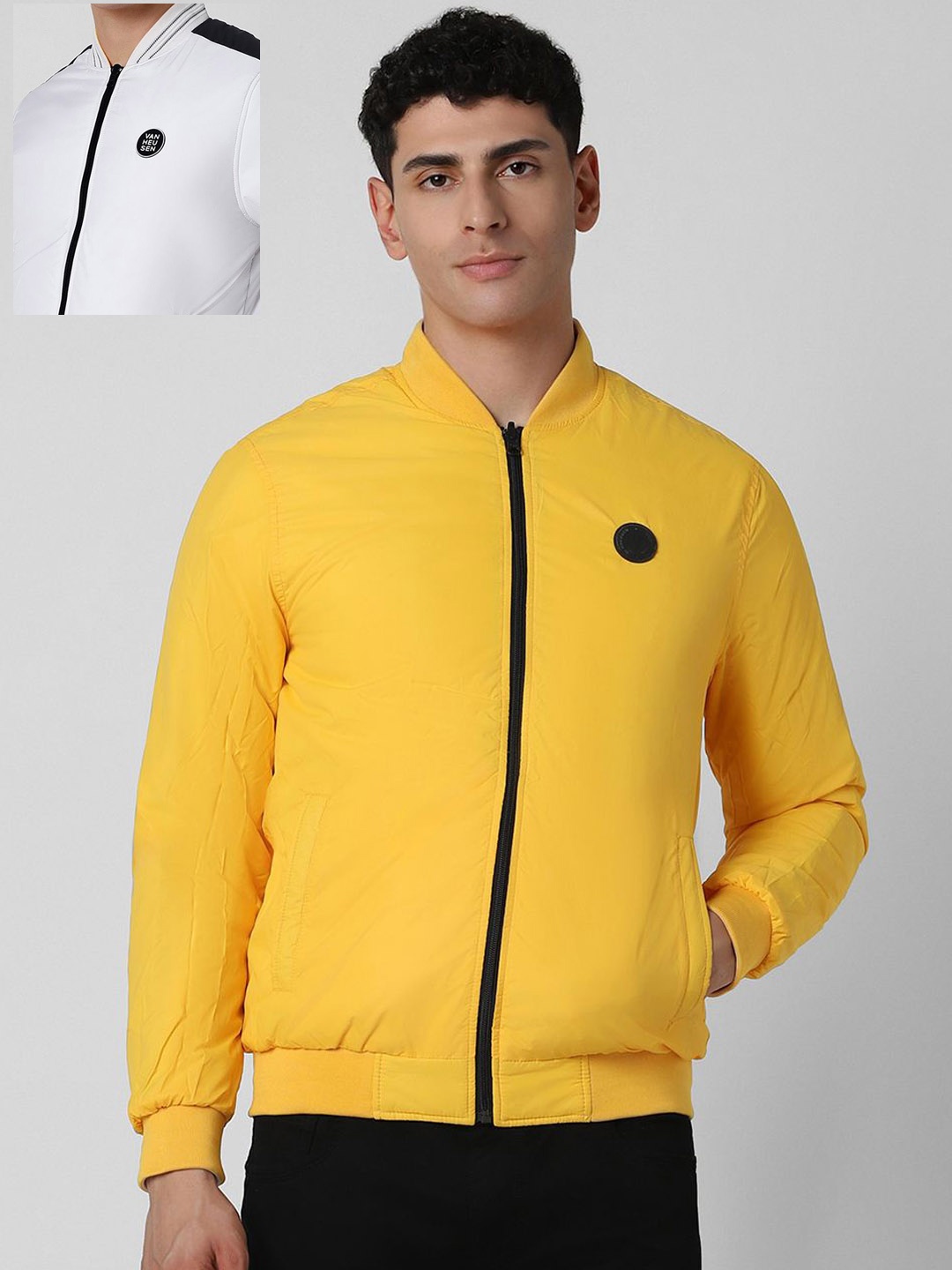 

Van Heusen Flex Men Solid Stand Collar Reversible Bomber Jacket, Yellow