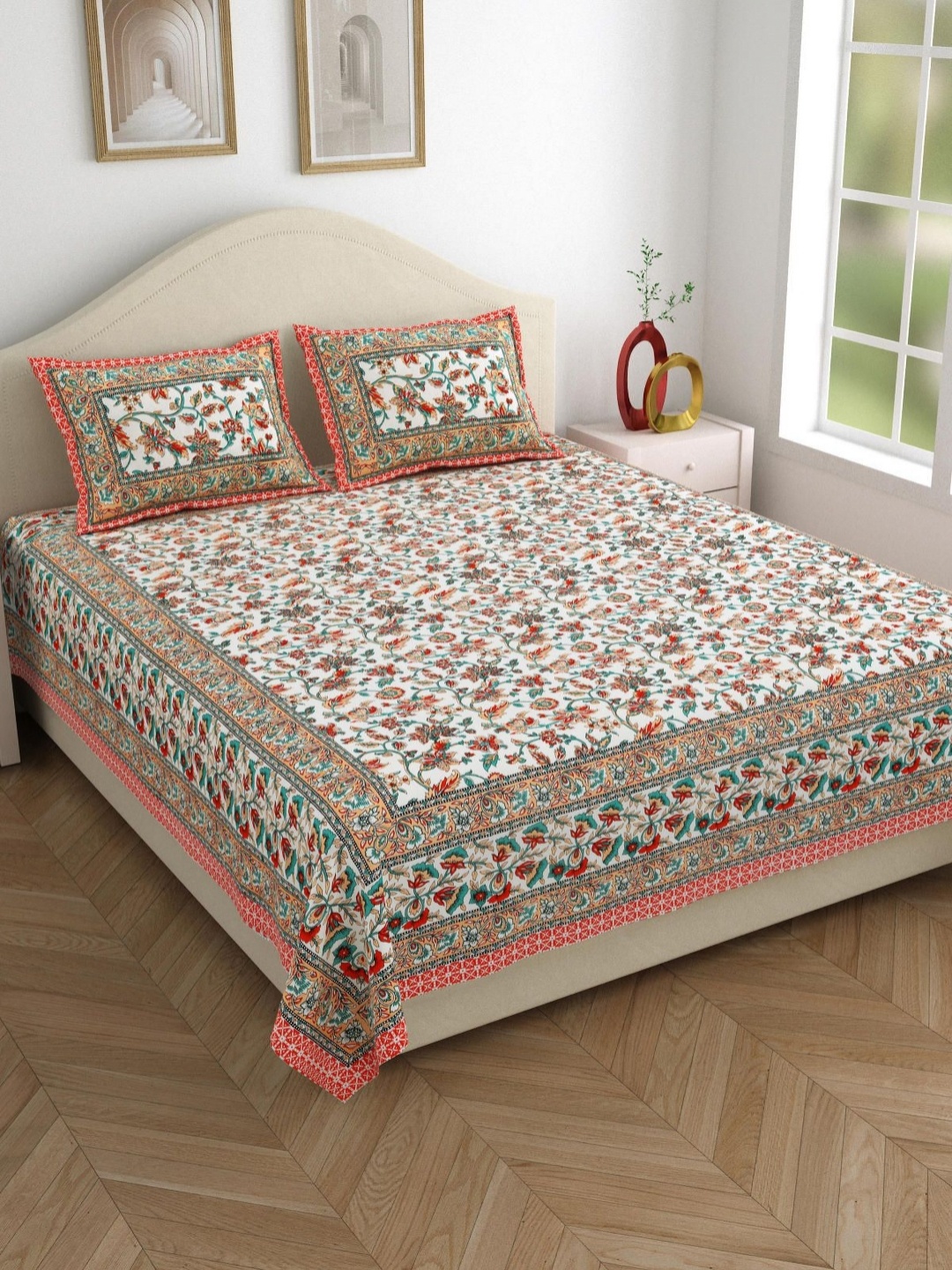 

Salona Bichona Red Floral Printed 120 TC Pure Cotton Queen Bedsheet With 2 Pillow Covers