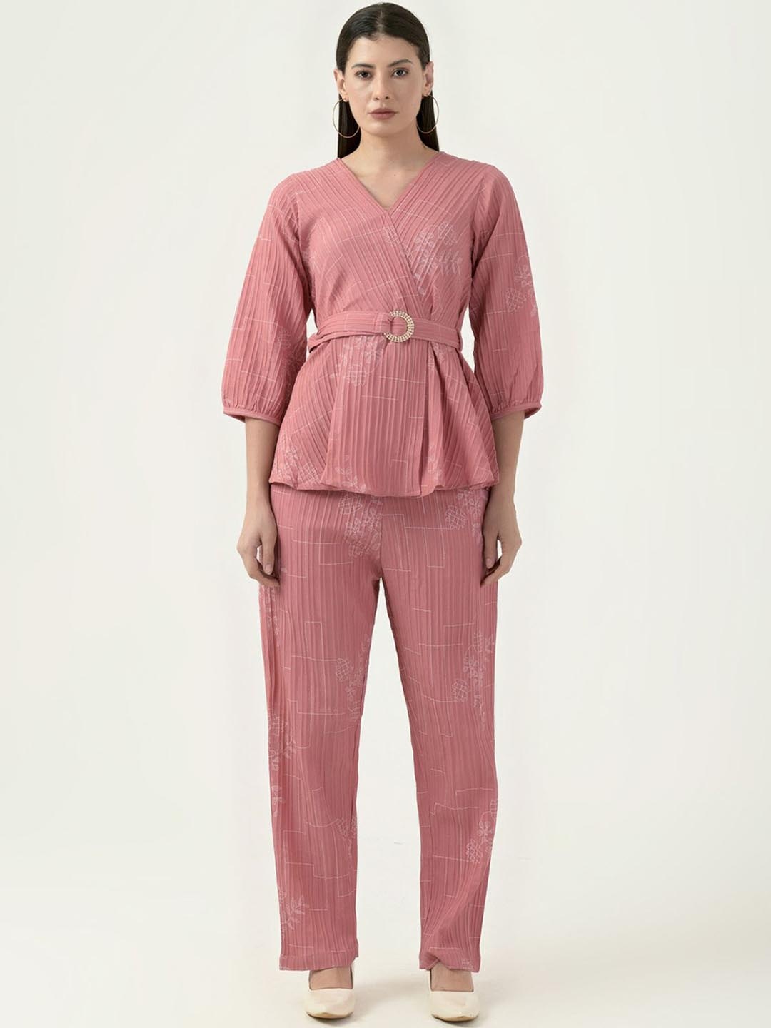 

Albion By CnM Floral Printed Ribbed Waist Tie Up Details Top With Trousers, Peach