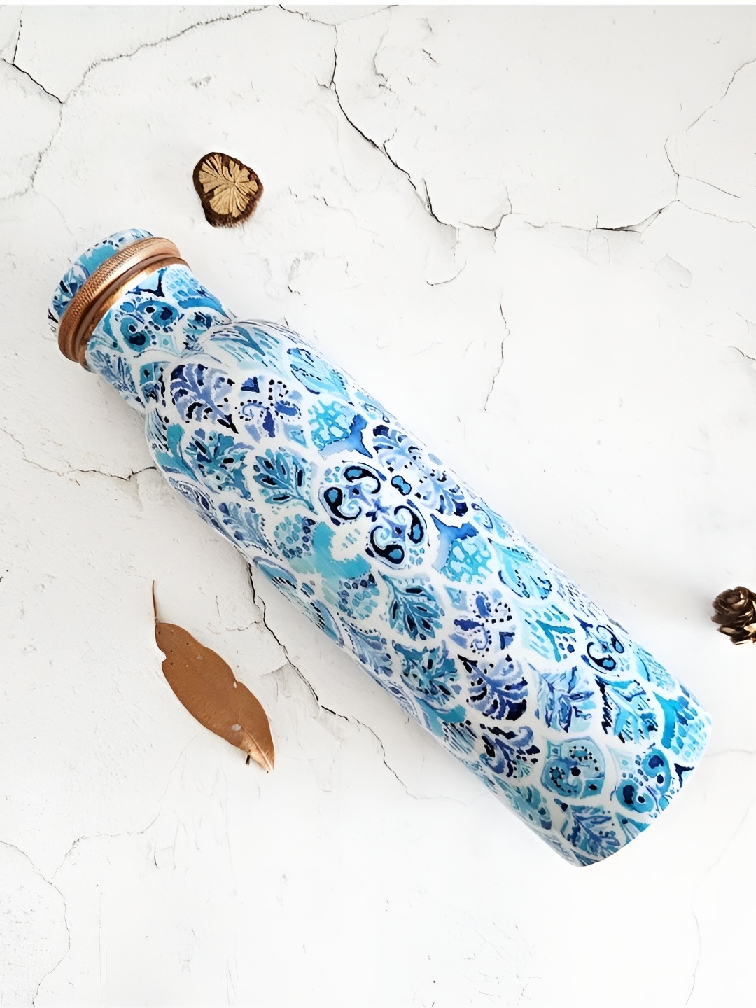 

BLANK SLATE HOME Ikat Sky White & Blue Printed Copper Water Bottle 950ml