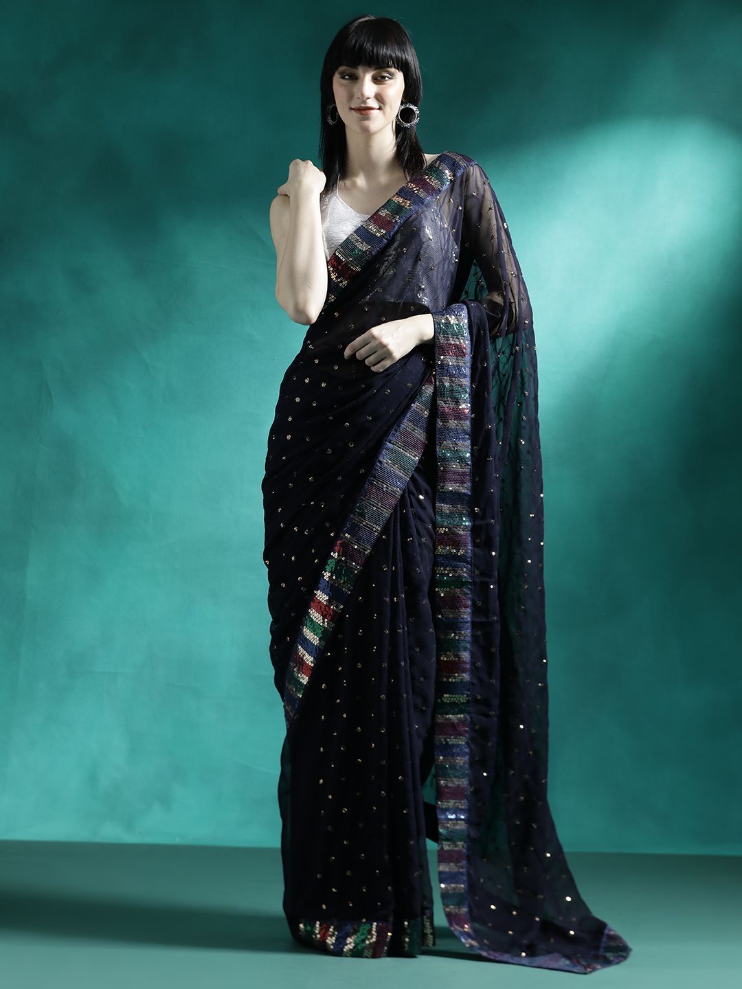 

Sangria Embroidery Saree With Blouse Piece, Navy blue