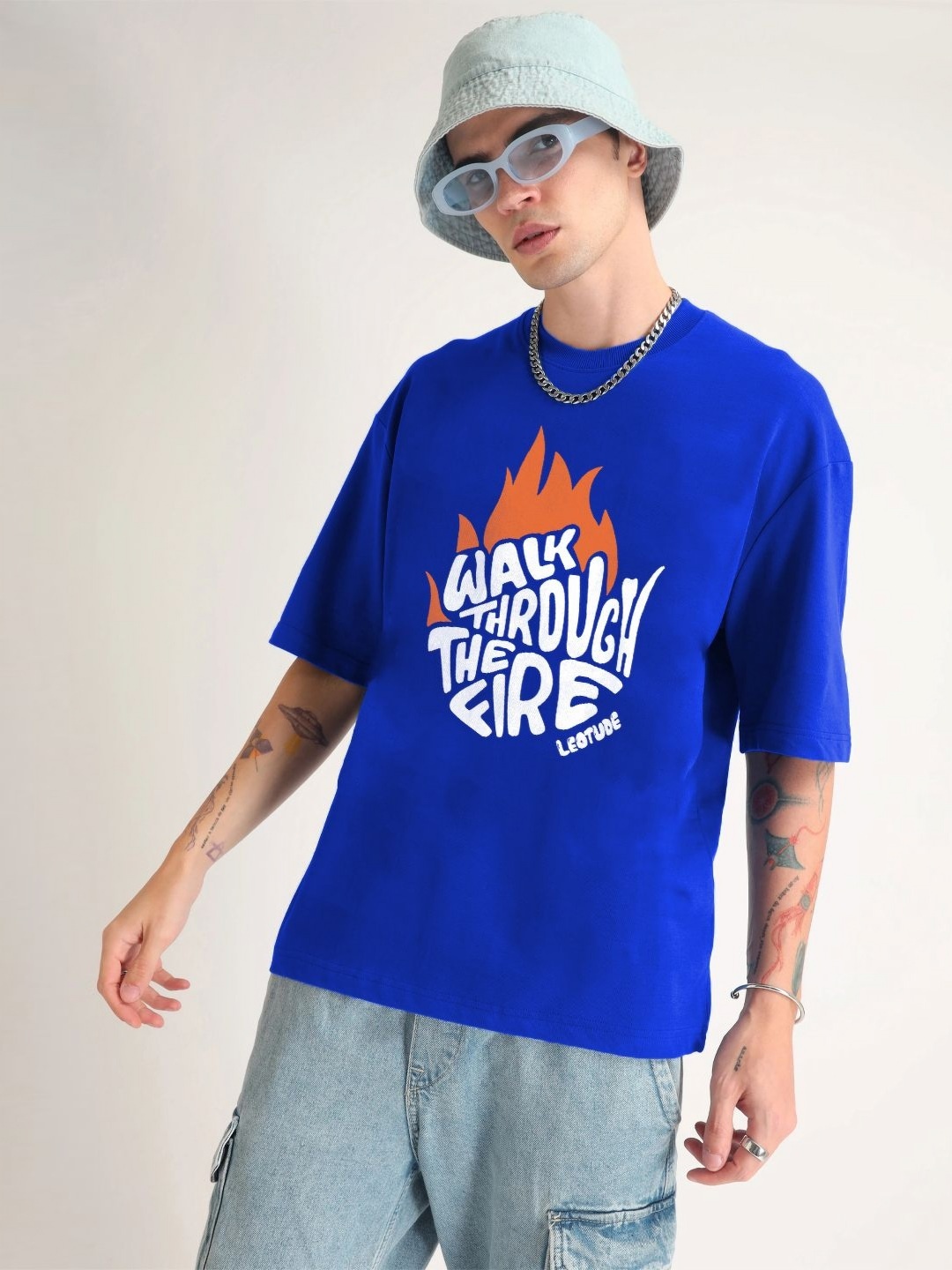 

Leotude Men Typography Printed Round Neck Cotton Oversized T-shirt, Blue